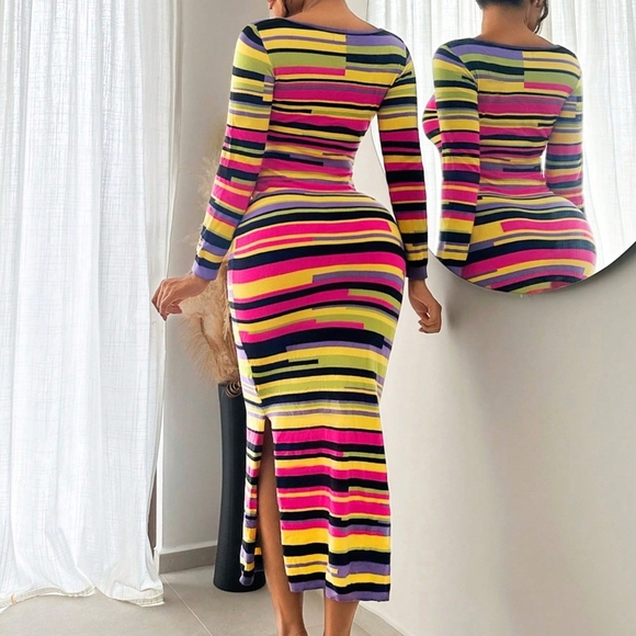 Colorful Knitted Knit Long Turtleneck Sweater Dress, Autumn And Winter - Picture 5 of 5